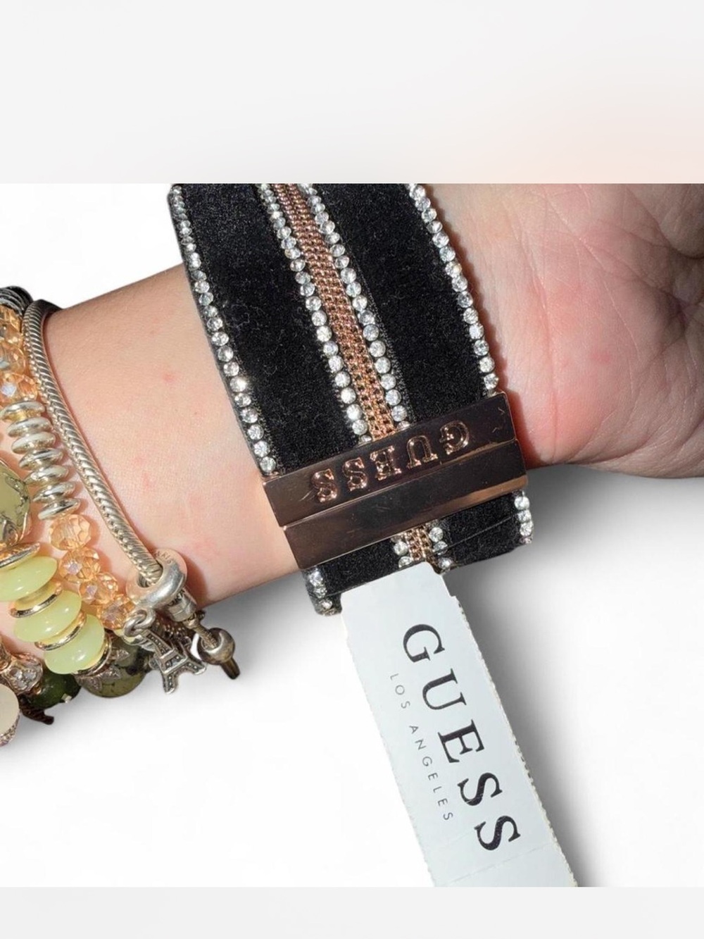 Guess Black Velvet Bracelet with Rose Gold & Rhinestone Accents